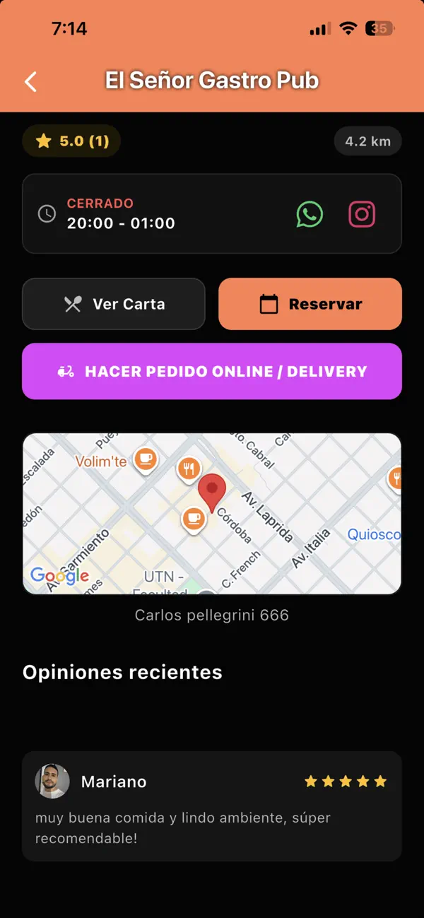 Detalle de un local con carta, reservas y pedidos en BarApp