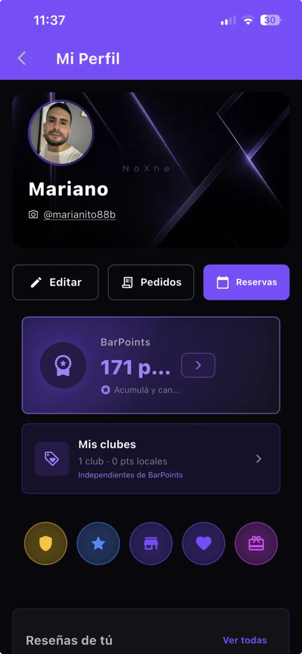 Perfil de cliente en BarApp con BarPoints y clubes del local