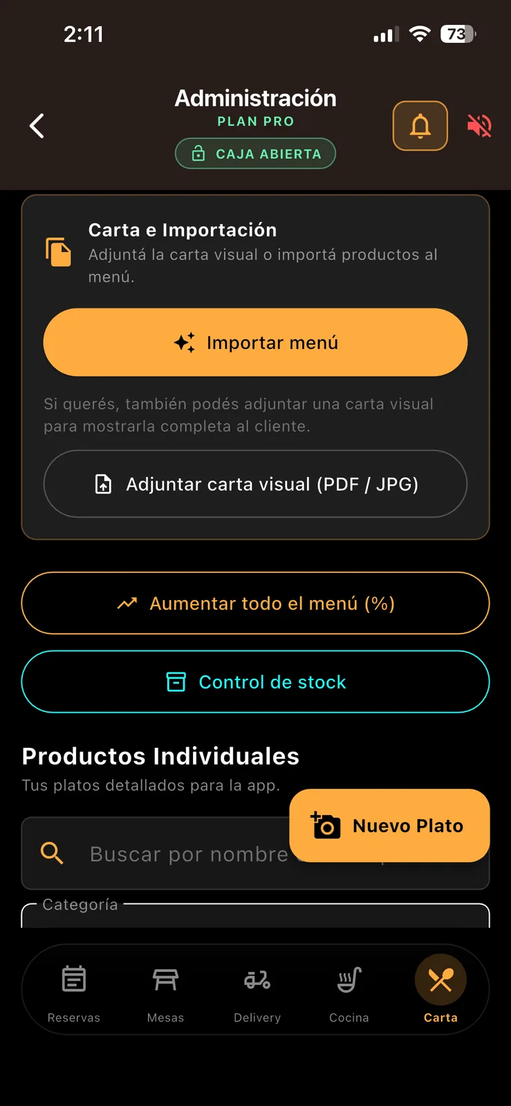 Gestión de carta y stock desde BarApp