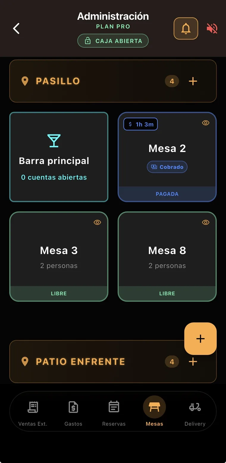 Mapa de mesas y barra de BarApp